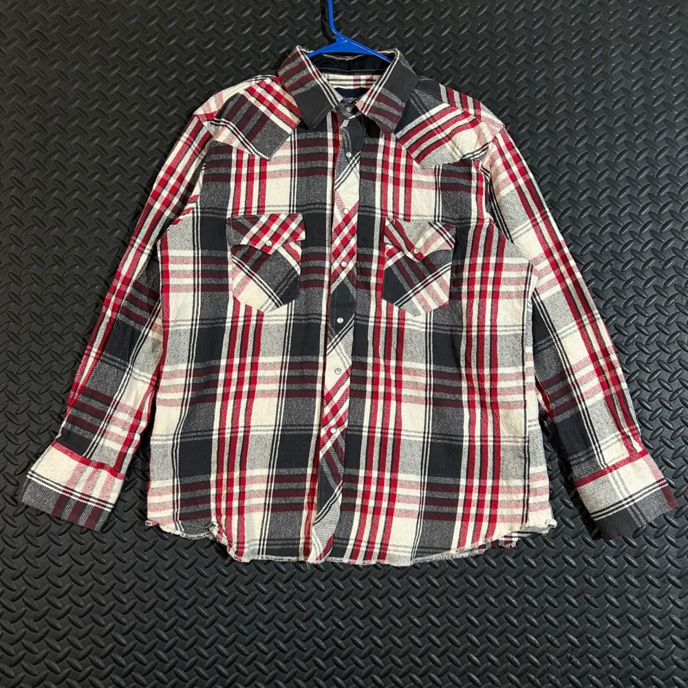 Wrangler Men's XL Western Pearl Snap Flannel Shirt Red Black Plaid Cotton Work